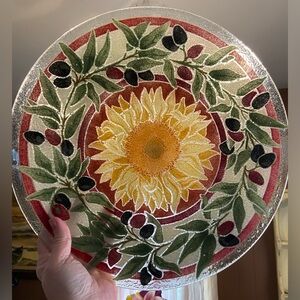 Vintage 2003 Peggy Karr Tuscany Sunflowerwer & Olives Fused Glass 14” Platter